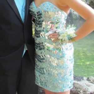 Short blue mirror/sequins prom dress